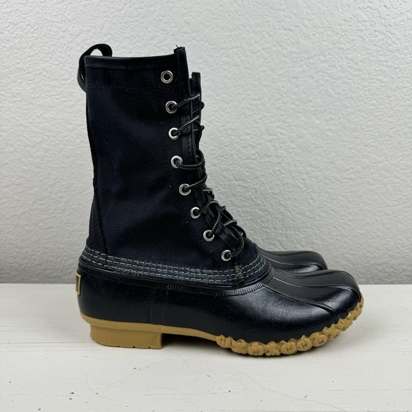 LL Bean Waxed Canvas Hunting Duck Boots Women's Size 7 Black 10" Lace Up - Picture 1 of 16